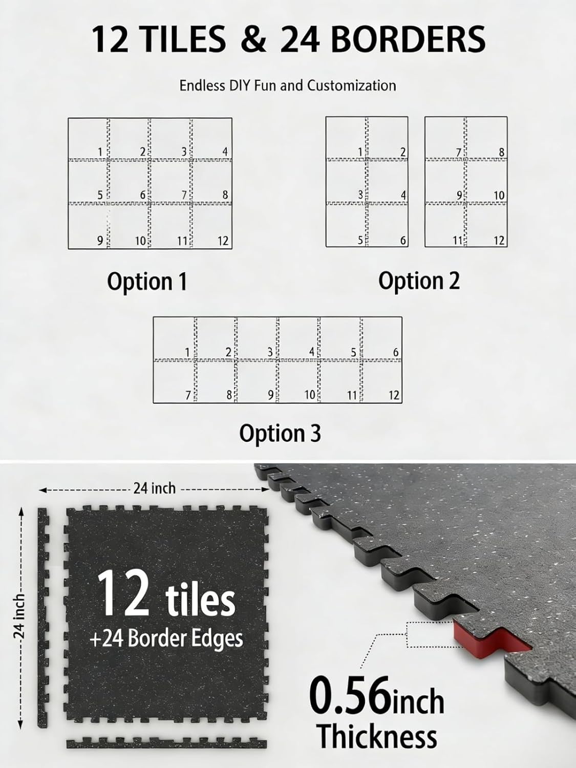 Mikolo 0.56'' Thick 12 Pcs 48 Sq Ft Gym Flooring Mats, High-Density EVA Foam with Rubber Top, Interlocking Exercise E... - Image 2