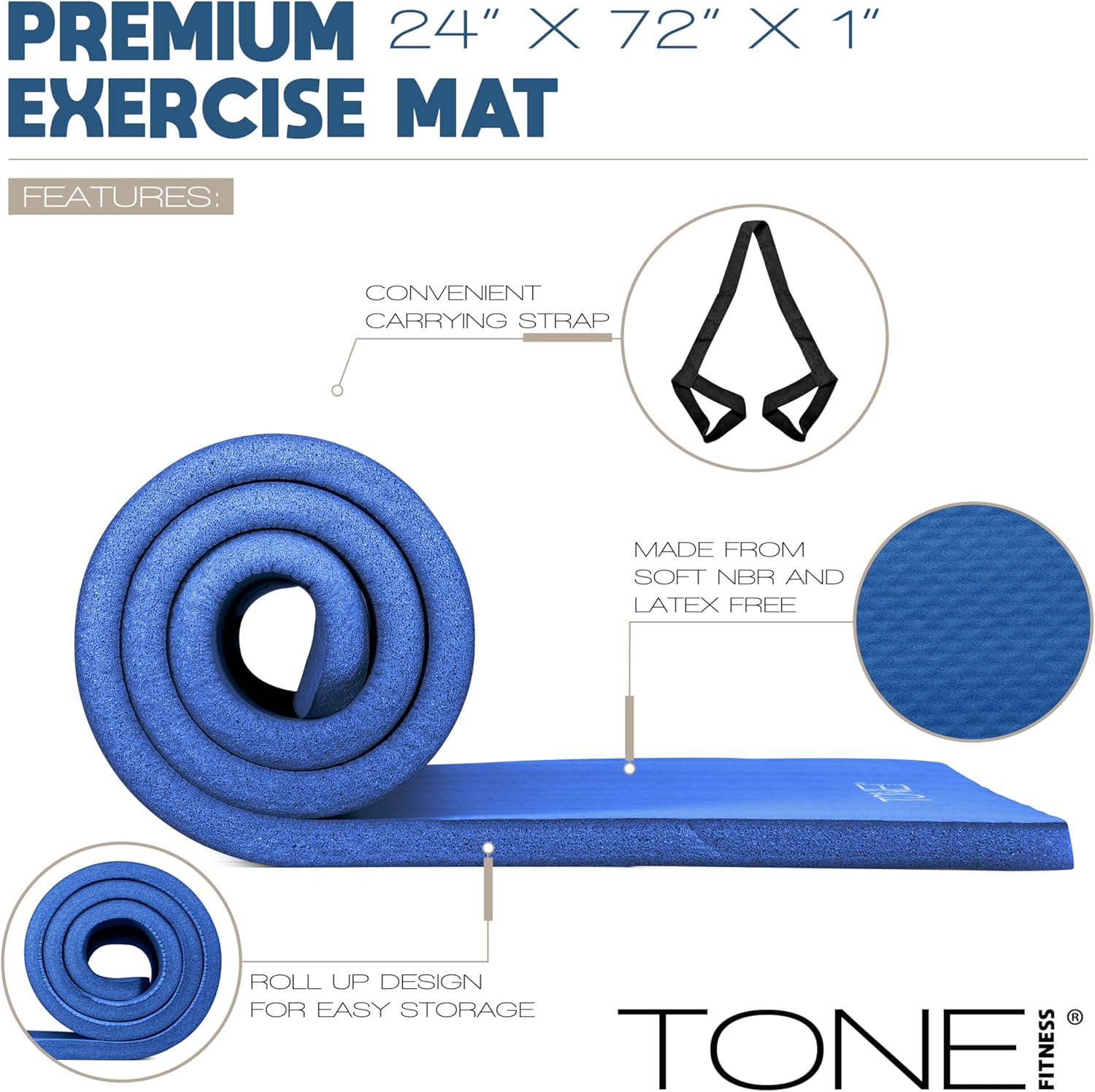 Tone Fitness 1-Inch Thick Yoga Mat | High-Density, Non-slip Exercise Mat with Carrying Strap for Yoga, Pilates, & Hom... - Image 3