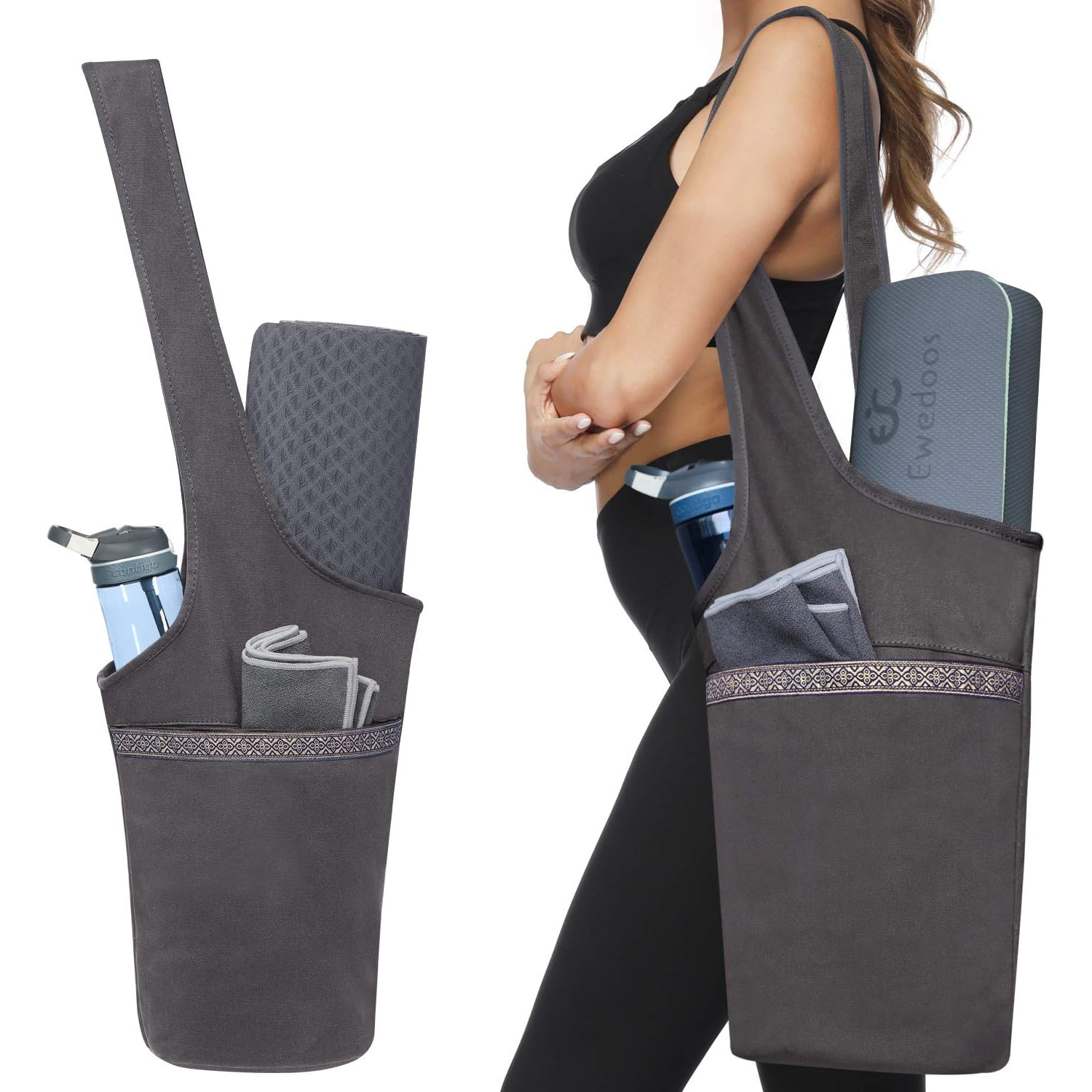 Ewedoos Canvas Yoga Mat Bag Fits Most Mats Yoga Bag with Large Storage Pockets to Hold More Accessories Ideal for Pil...