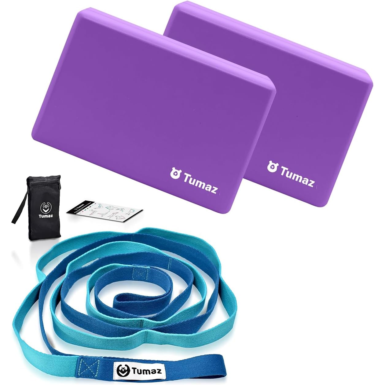 Tumaz Yoga & Stretching Essentials Bundle: 10-Loop Non-Elastic Stretch Strap for Physical Therapy, Yoga, Pilates & 2-...