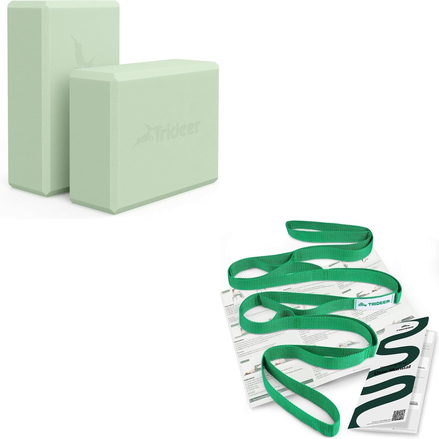 Trideer Yoga Block & Strap Set, Foam Yoga Block with 10-Loop Stretching Strap for Flexibility, Balance, Support & Rec...